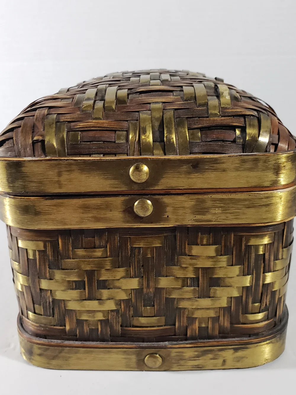 Vintage Woven Bamboo Basket Box Trunk Brass Trim Hardware Latch Boho Chest